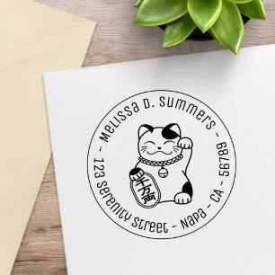 Japanese Lucky Cat, Maneki Neko Round Address 3 Rubber Stamp