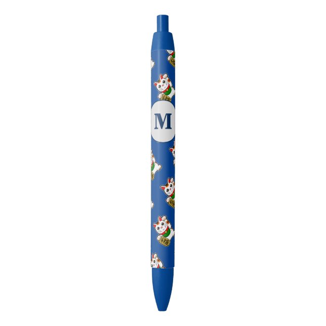 Japanese Lucky Cat Monogram Black Ink Pen (Front Vertical)