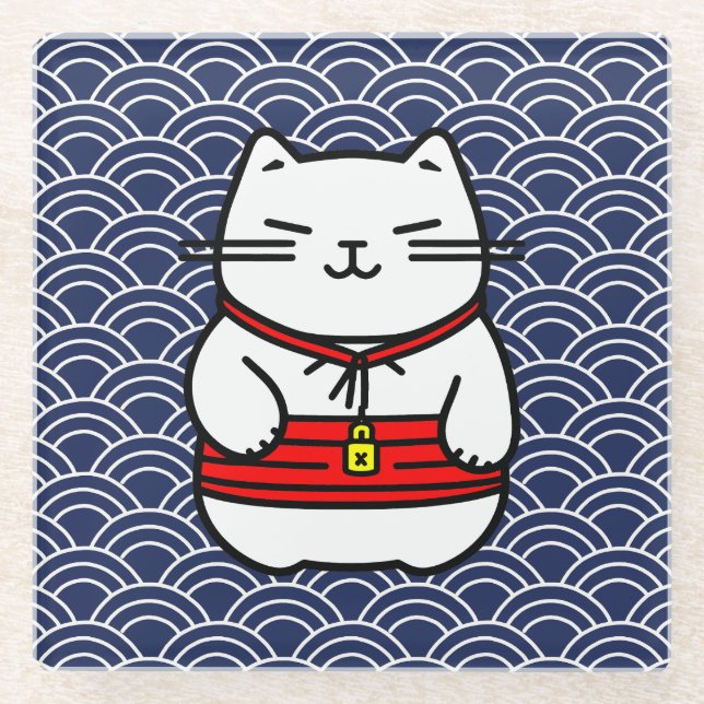 Japanese Lucky Cat or Maneki-Neko Glass Coaster (Front)