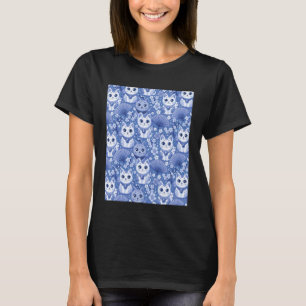Japanese Lucky Cat Pattern Blue and White T-Shirt
