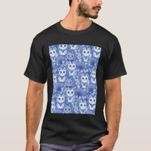 Japanese Lucky Cat Pattern Blue and White T-Shirt