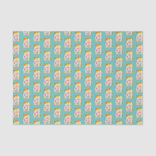 Japanese Lucky Cat Pattern Teal Tissue Paper (Front)
