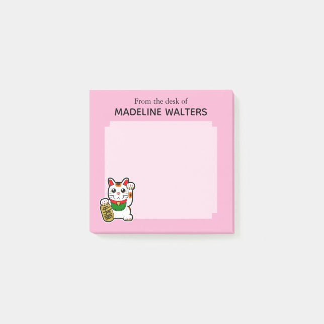 Japanese Lucky Cat Pink Personalised Post-it Notes (Front)