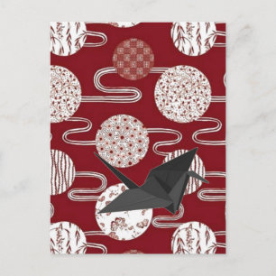 Japanese lucky crane red kimono pattern postcard