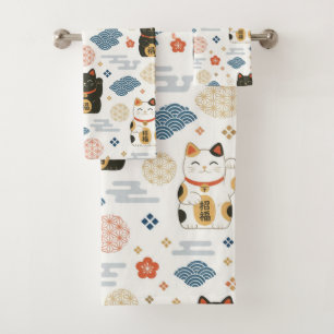 Japanese Lucky Maneki Neko Cat Bath Towel Set