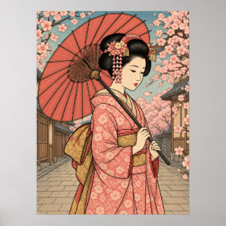 Japanese Maiko Cherry Blossom Umbrella Poster