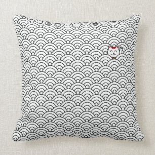 Japanese Maneki Neko and Seigaiha throw pillow