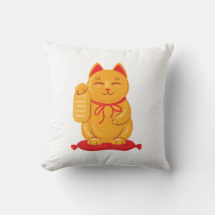 Japanese Maneki Neko Gold Cat, Symbol of Wealth Cushion