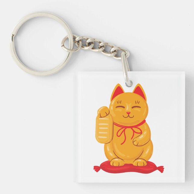 Japanese Maneki Neko Gold Cat, Symbol of Wealth Key Ring (Front)