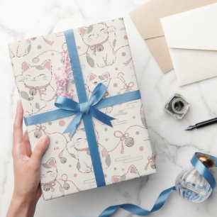 Japanese Maneki Neko Lucky Cat Pastel Wrapping Pap Paper