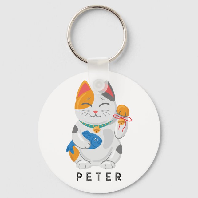 Japanese Maneki Neko White Cat, good luck symbol Key Ring (Front)