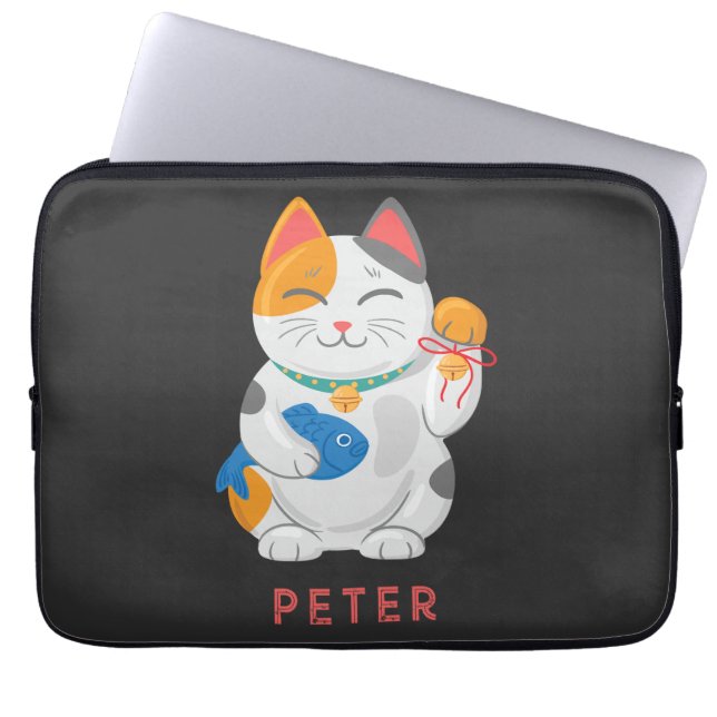 Japanese Maneki Neko White Cat, good luck symbol Laptop Sleeve (Front)