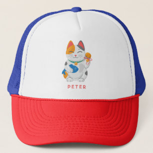 Japanese Maneki Neko White Cat, good luck symbol Trucker Hat