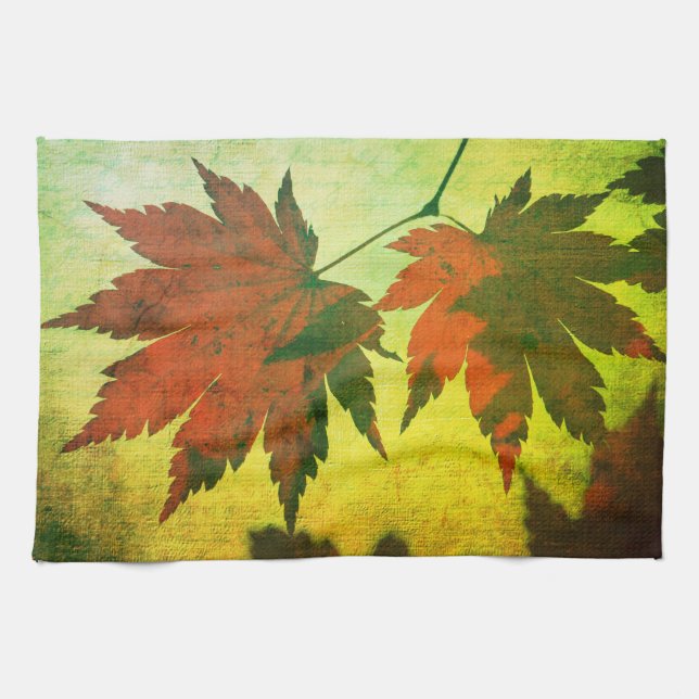 Japanese maple leaf script fall red green elegant  tea towel (Horizontal)
