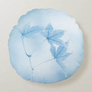 Japanese Maple Leaves in Blue Round Cushion