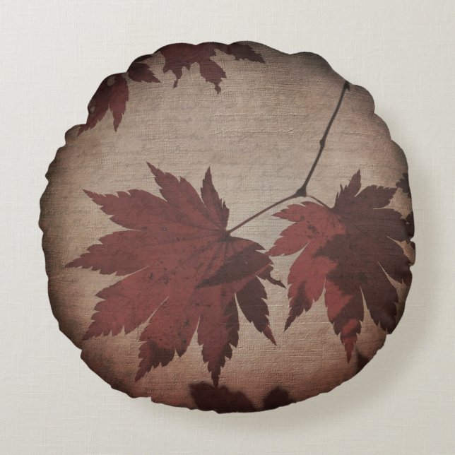 Japanese maple tree leaf and script fall brown red round cushion (Front)