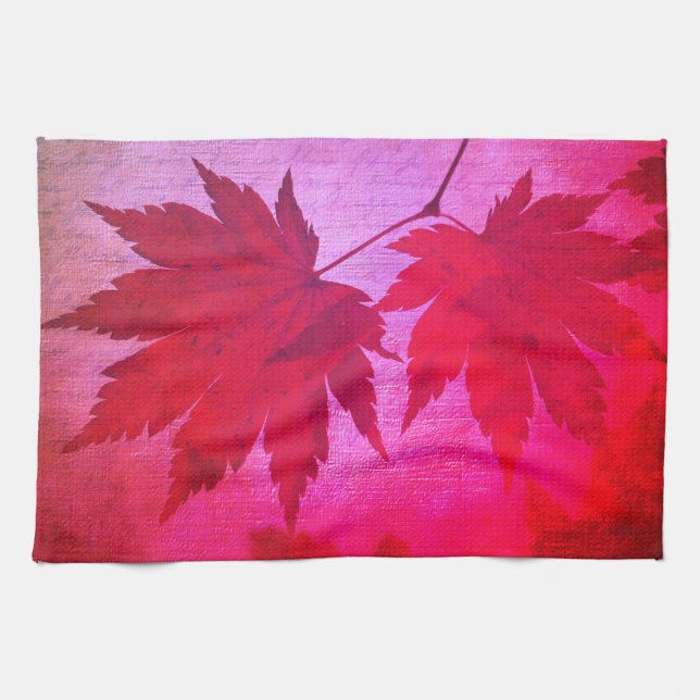 Japanese maple tree leaf script fall pink red tea towel (Horizontal)