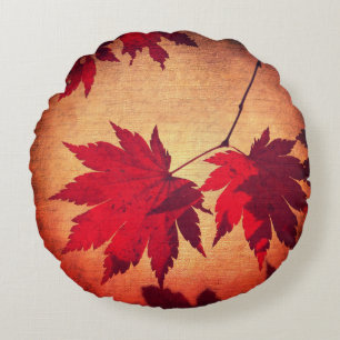 Japanese maple tree leaves and script fall round cushion