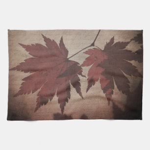Japanese maple tree leaves and script fall tea towel