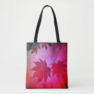 Japanese maple tree leaves and script fall tote bag