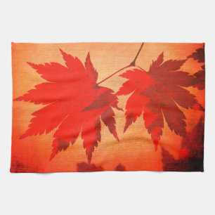 Japanese maple tree leaves script fall orange tea towel