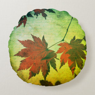 Japanese maple tree leaves script fall red green round cushion