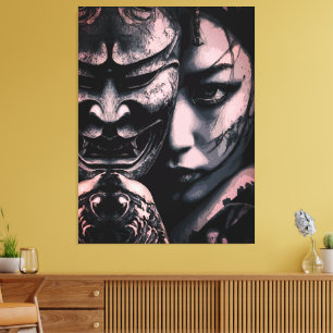Japanese Masked Woman Dark Tattoo Realism Portrait Canvas Print