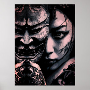 Japanese Masked Woman Dark Tattoo Realism Portrait Poster