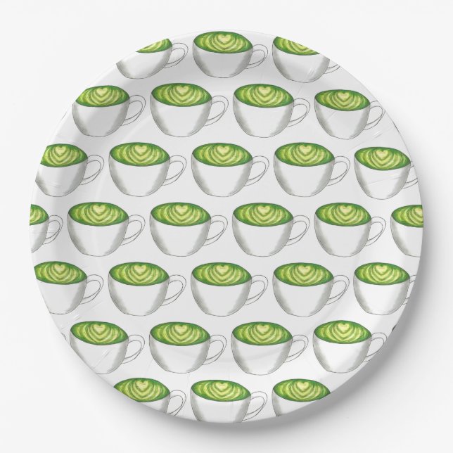 Japanese Matcha Green Tea Latte Teacup Foodie Paper Plate (Front)