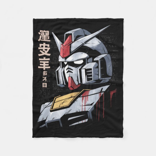 Japanese Mecha Robot Head Blueprint Sketch Art Fleece Blanket (Front)