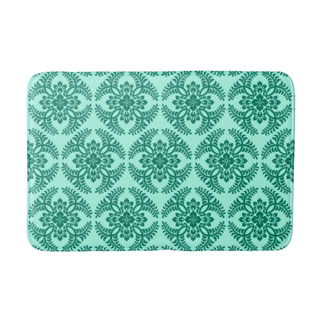 Japanese Medallion Pattern, Aqua and Turquoise  Bath Mat (Front)