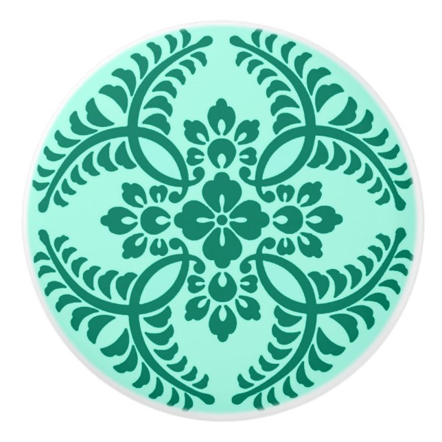 Japanese Medallion Pattern, Aqua and Turquoise Ceramic Knob (Front)