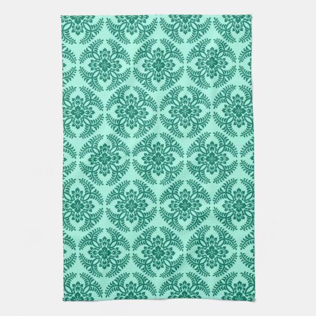 Japanese Medallion Pattern, Aqua and Turquoise  Ki Tea Towel (Vertical)