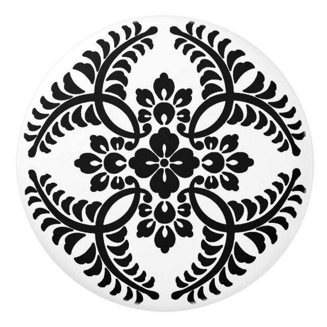 Japanese Medallion Pattern, Black and White Ceramic Knob (Front)