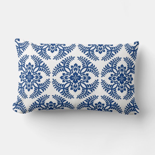 Japanese Medallion Pattern, Cobalt Blue and White Lumbar Cushion (Front)