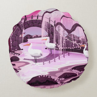 Japanese Meditation garden lake Round Cushion