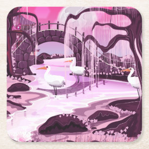 Japanese Meditation garden lake Square Paper Coaster