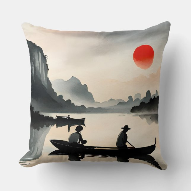 Japanese Men Sailing Boat Evening River Landscape  Cushion (Front)