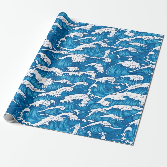 Japanese Modern Art Blue Wave Pattern Wrapping Paper (Unrolled)