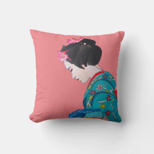 Japanese modern Geisha with pink cherry blossom Cushion