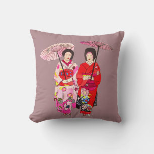 Japanese modern Geisha with pink kimono and obi Cushion