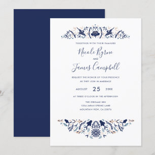 Japanese   Modern Koi Fish Crested ibis Lotus Blue Invitation