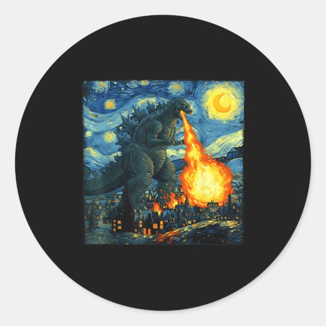 Japanese Monster Kaiju Van Gogh Starry Night  Classic Round Sticker (Front)