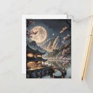 Japanese Moonlit Village Fantasy Postcard Cherry