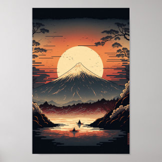 Japanese Mountain, lake and fishermen Ukiyo e Poster