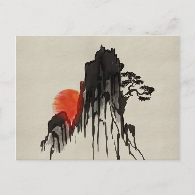 Japanese Mountain sunset - sumi-e Postcard (Front)