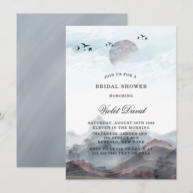 Japanese Mountain Watercolor Bridal Shower Invitation (Front/Back)
