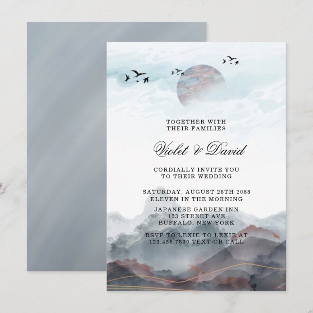 Japanese Mountain Watercolor Wedding Invitation (Front/Back)