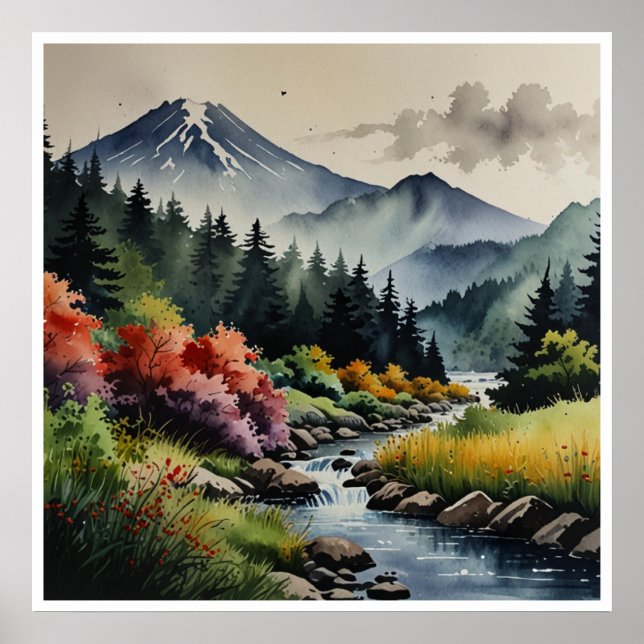 Japanese Mountains Watercolor Wall Art (Front)