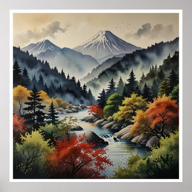 Japanese Mountains Watercolor Wall Art (Front)